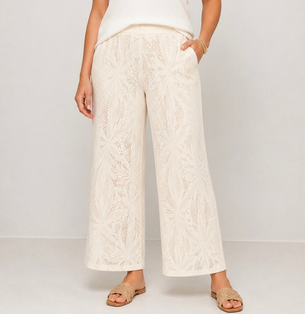 Susan Graver 1X Ivory Lace Wide Leg Cropped Pants Pull On Lined Vacation Resort